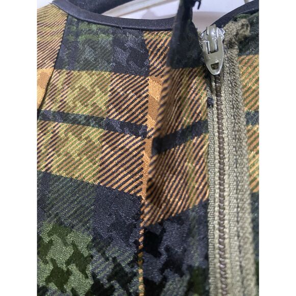 James Galanos Sz XS Silk Dress Shift Green Brown Plaid Long Bishop Sleeves MIDI - Picture 10 of 15